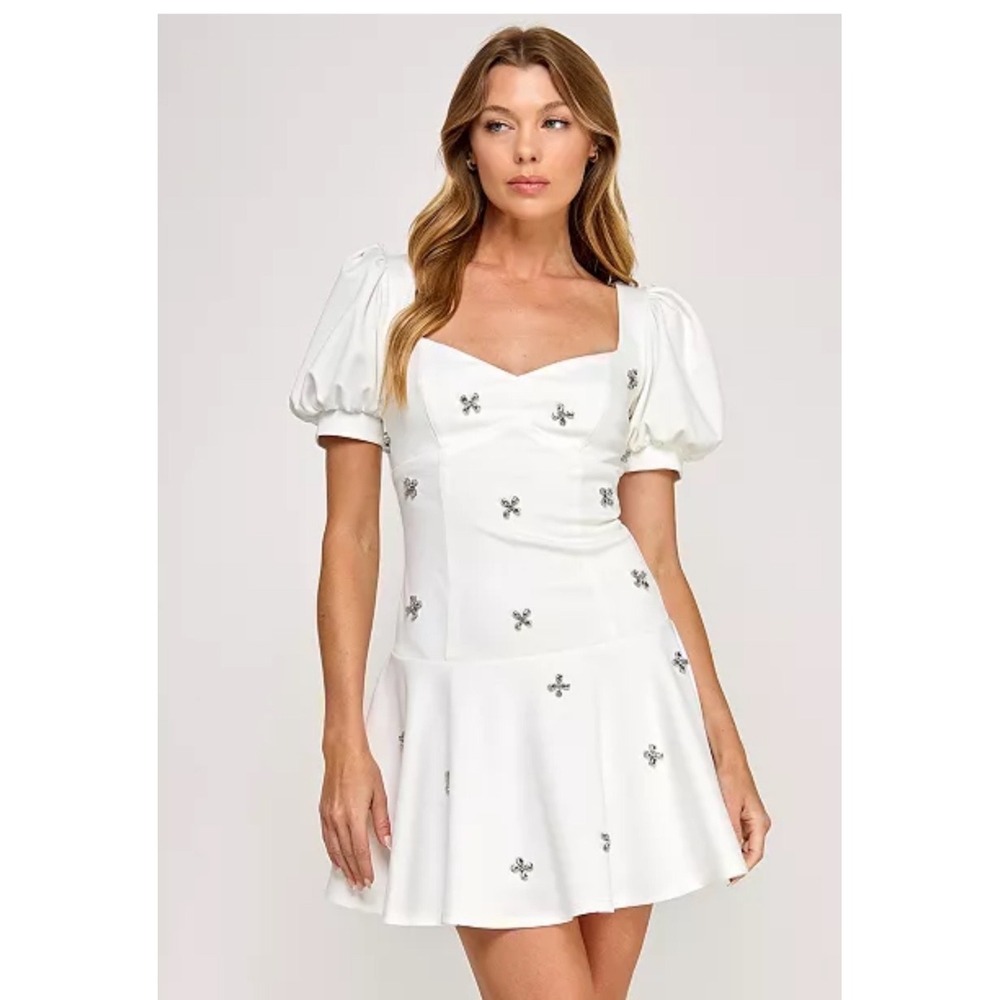 City Studios Skater Dress Women XL New Puff Sleeve Rhinestone Ivory